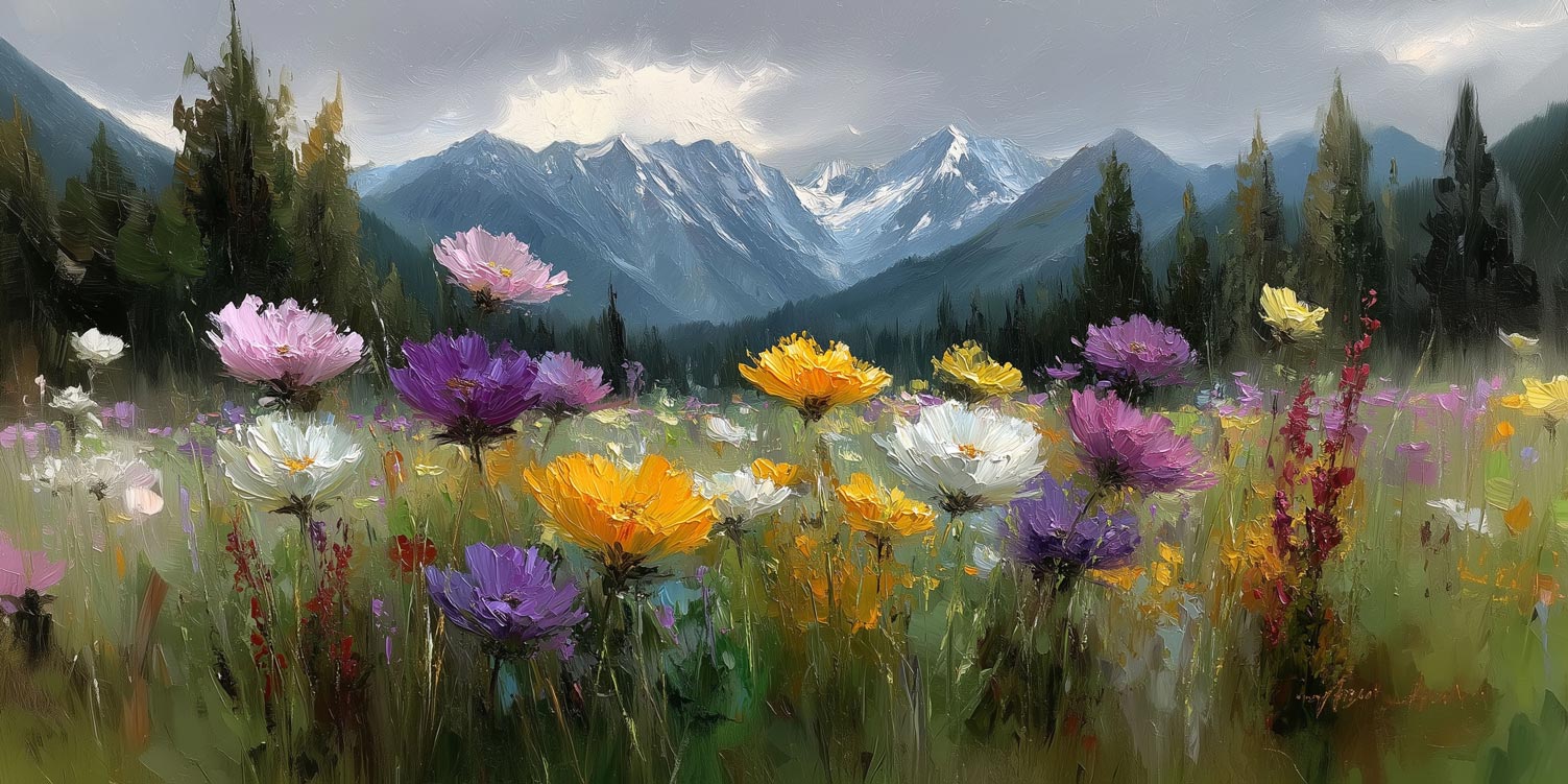 Blüte der Bergwiese – Panoramischer Giclée-Druck auf Leinwand Blüte der Bergwiese – Panoramischer Giclée-Druck auf Leinwand