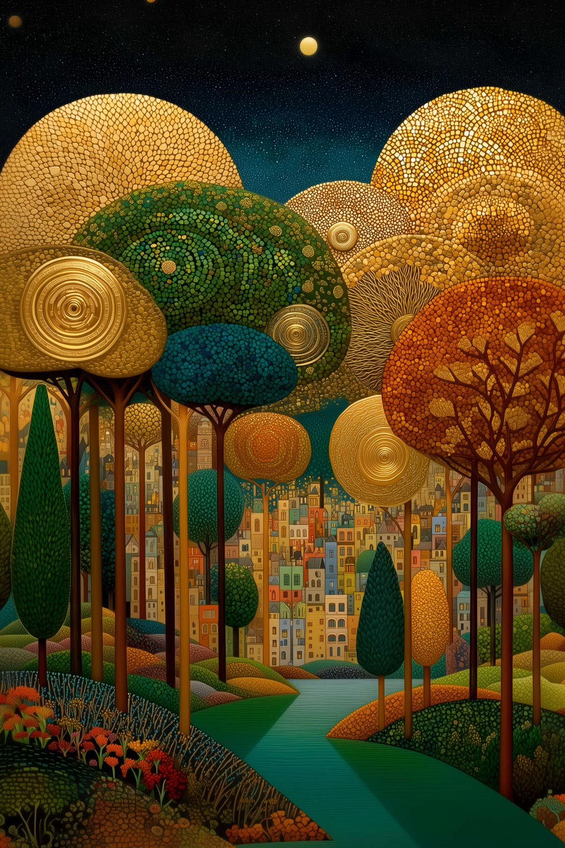 Golden Forest Dream – Whimsical Cityscape Wall Art