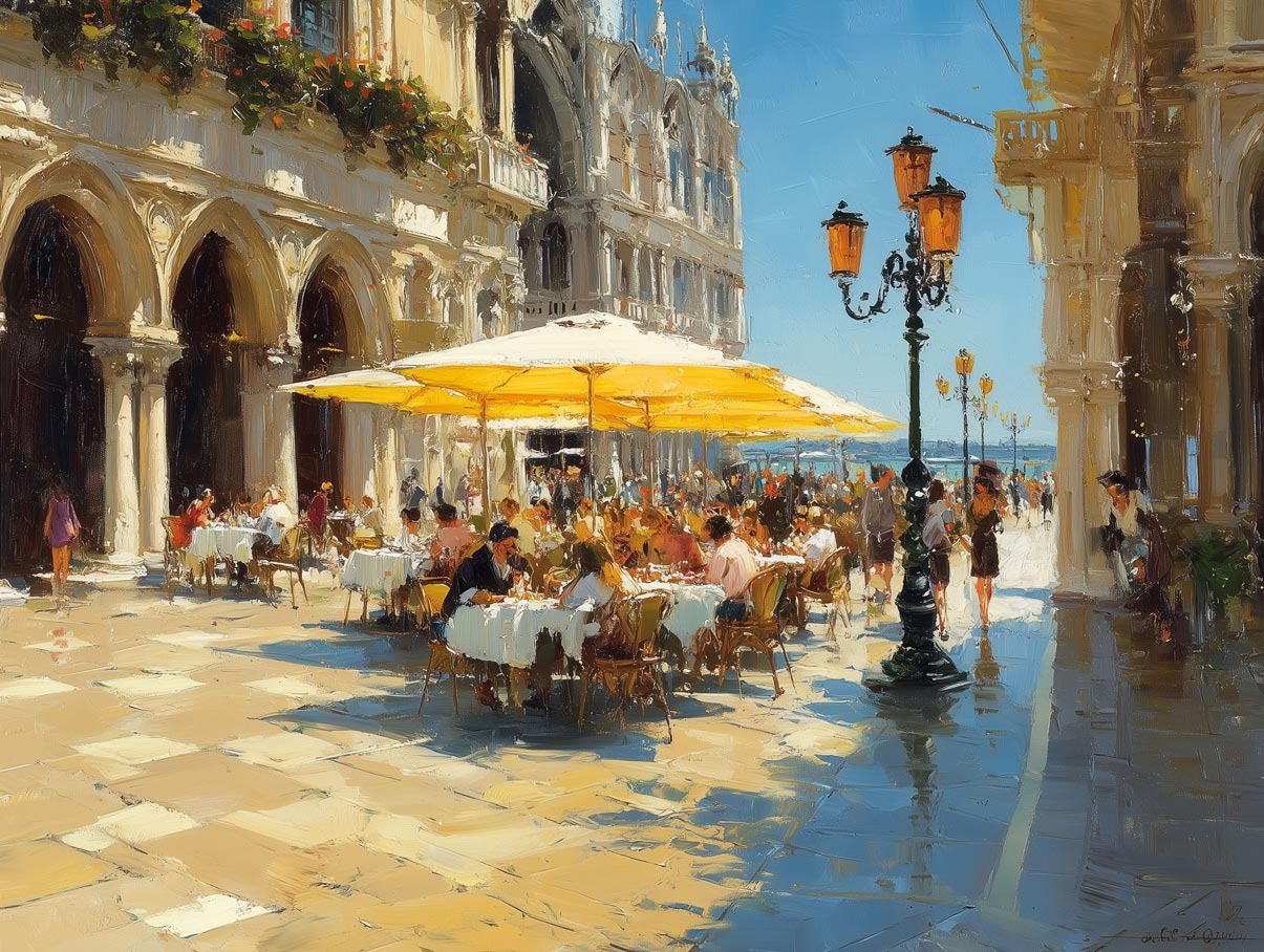 Venetian Sunshine – Café Scene Wall Art from Piazza San Marco Café in Venice – Elegant European Cityscape Wall Art