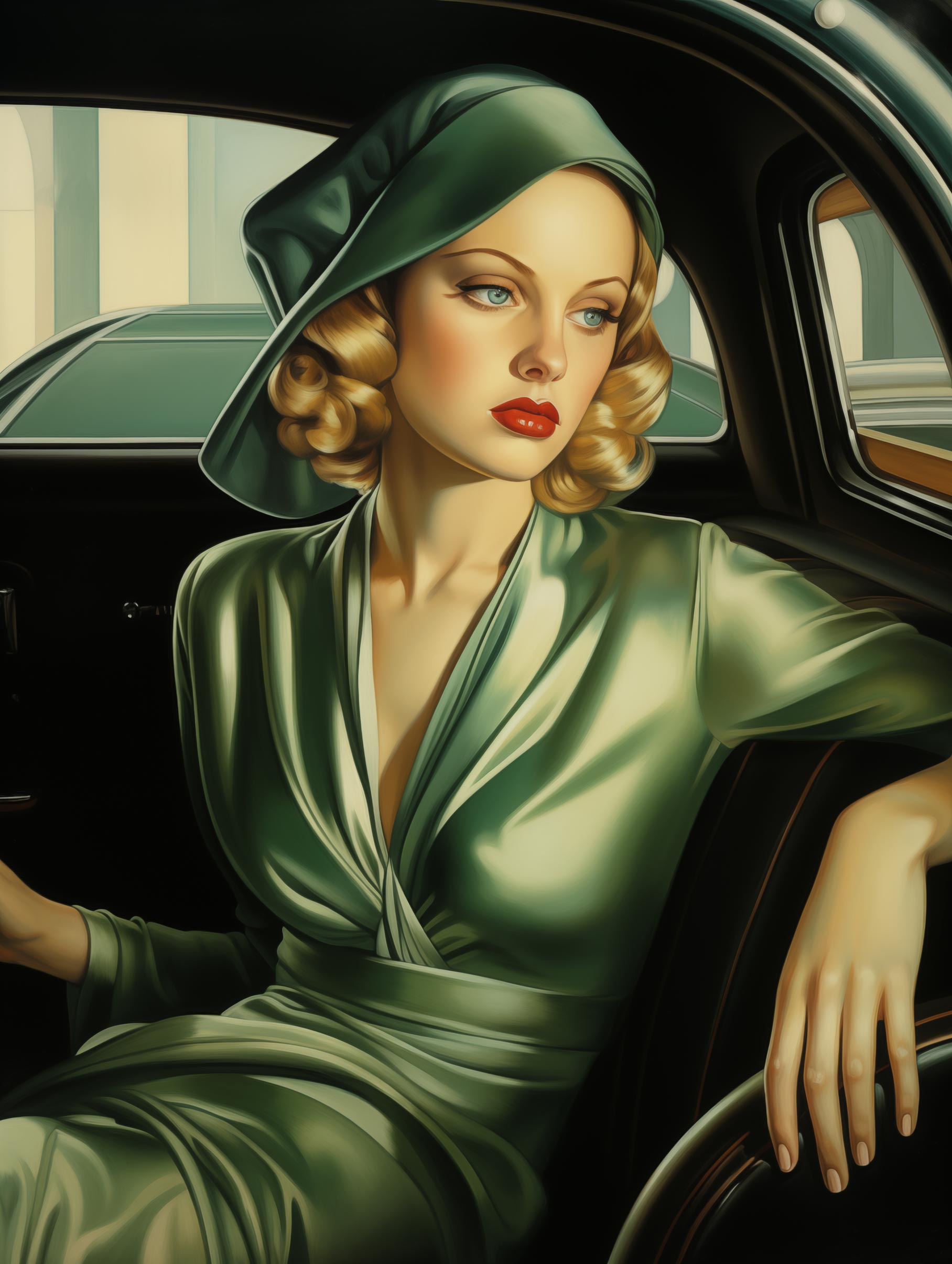 Autoritratto nella Buick Verde – Stampa Giclée in Stile Lempicka