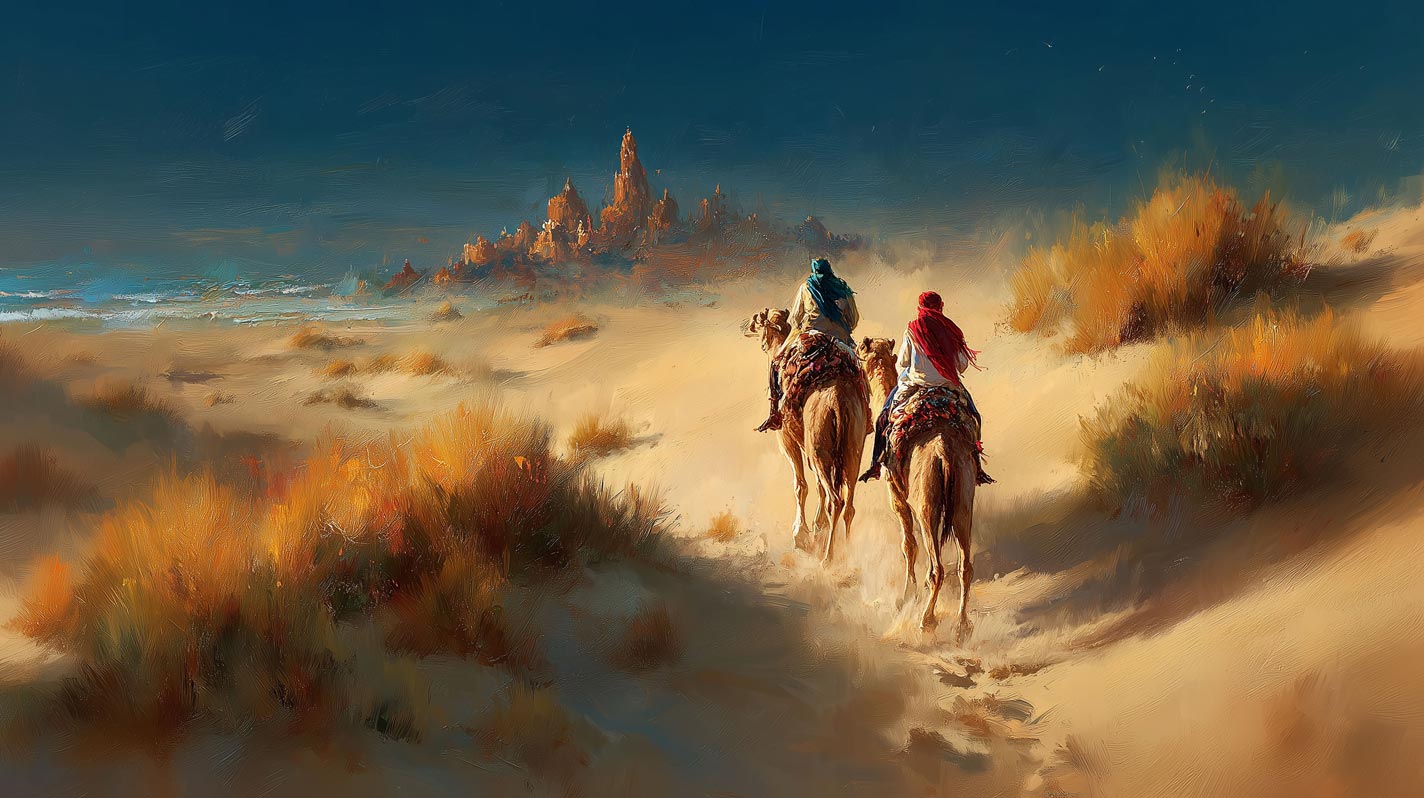Caravane vers la Cité Cachée – Toile Giclée Désertique