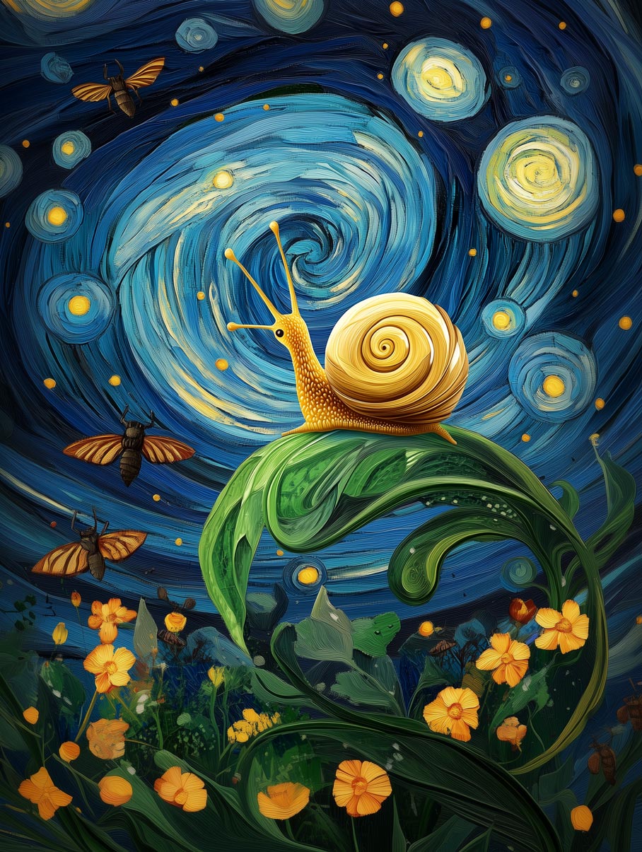 Caracol Galáctico – Lienzo Giclée Fantasía con Cielo Estrellado