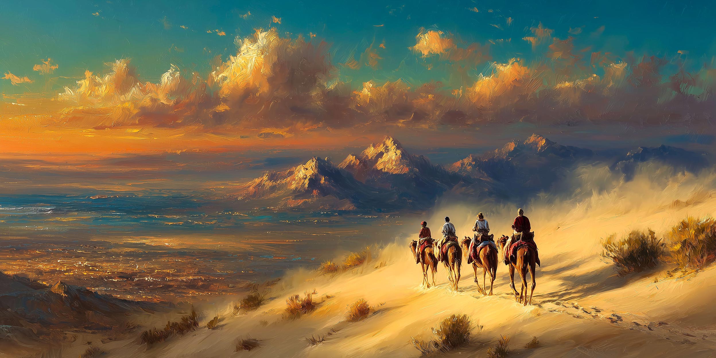 Desert Odyssey – Giclée Canvas of Caravan at Sunset 