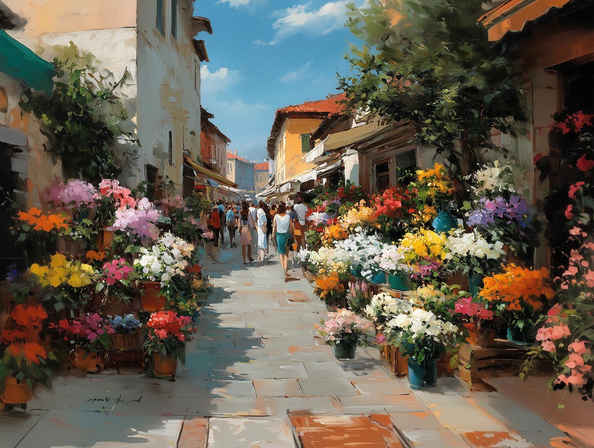 Blumige Sonnenstraße – Giclée-Leinwand mit farbenfroher Marktszene Blumige Sonnenstraße – Giclée-Leinwand mit farbenfroher Marktszene