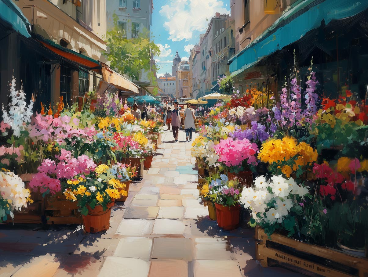 Golden Market Morning – Colorful European Flower Street Giclée Canvas Print
