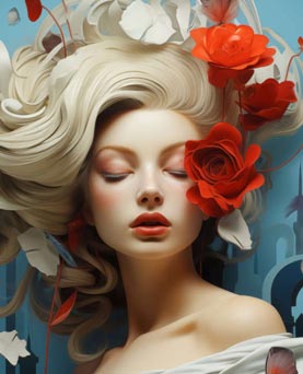 Red Blossom Dreams – Elegant Woman Portrait Giclée Canvas 75×90 cm | SALE Red Blossom Dreams – Elegant Woman Portrait Giclée Canvas 75×90 cm | SALE