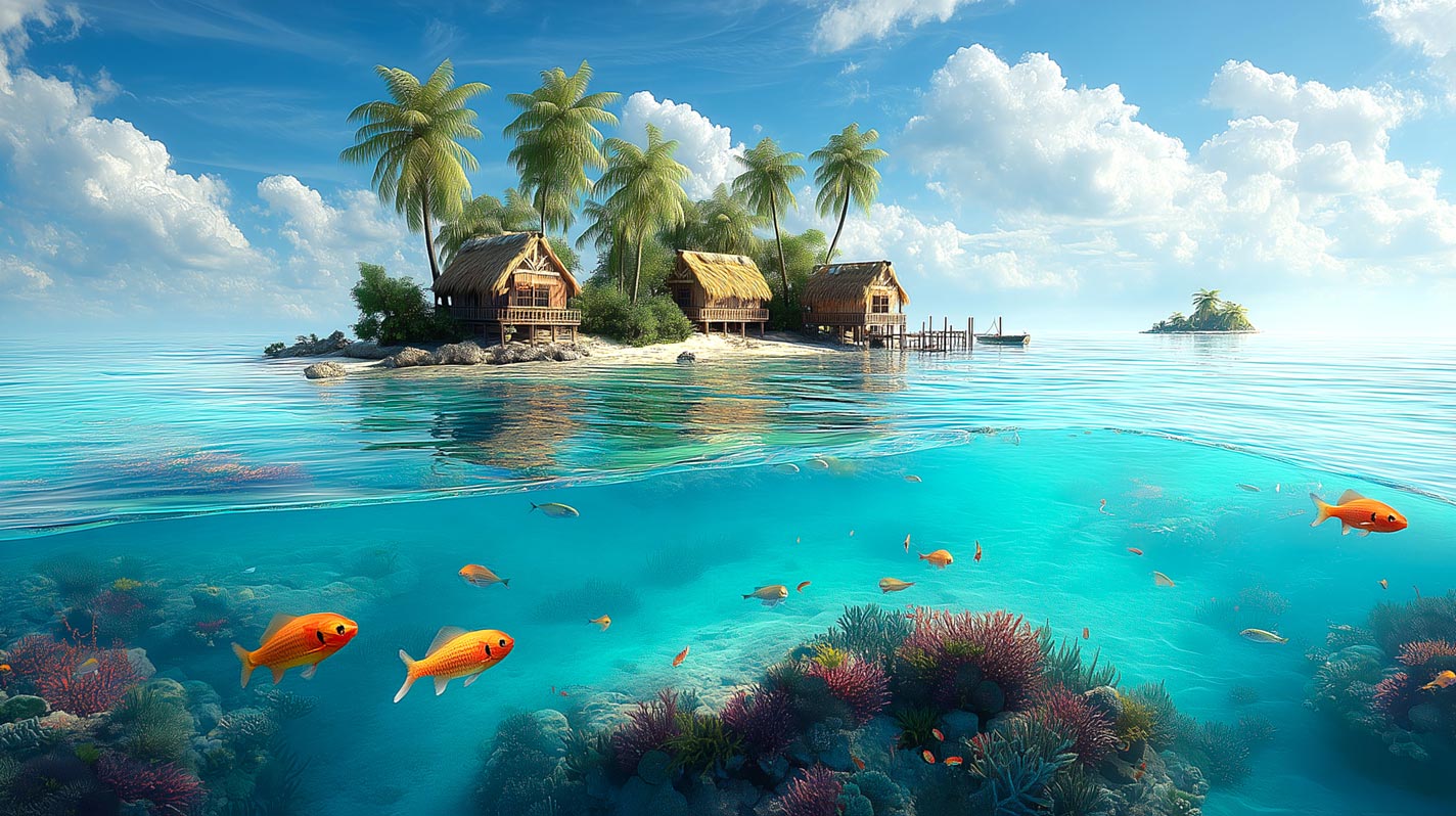 Island Dreamscape – Toile Giclée Tropicale au-dessus et en-dessous de l’eau (150×80 cm)
