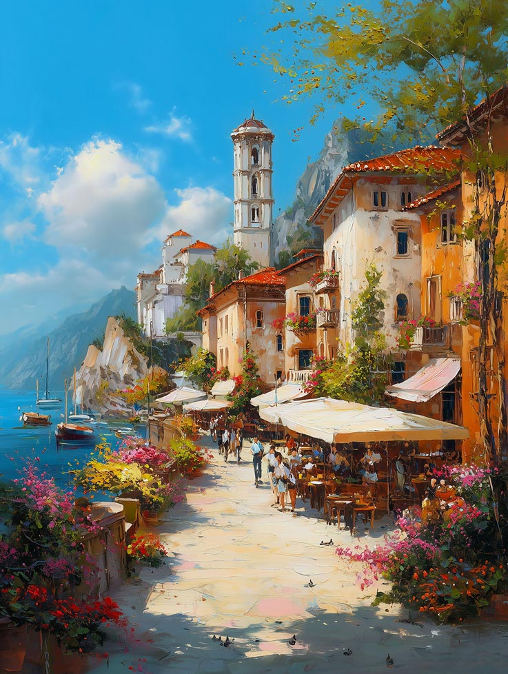 Mediterranean Promenade – Sunlit Italian Coast on Canvas