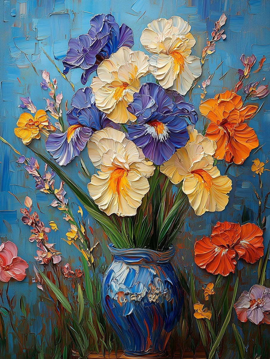 Iris Elegance – Giclée Canvas Print of Floral Still Life in Blue Vase