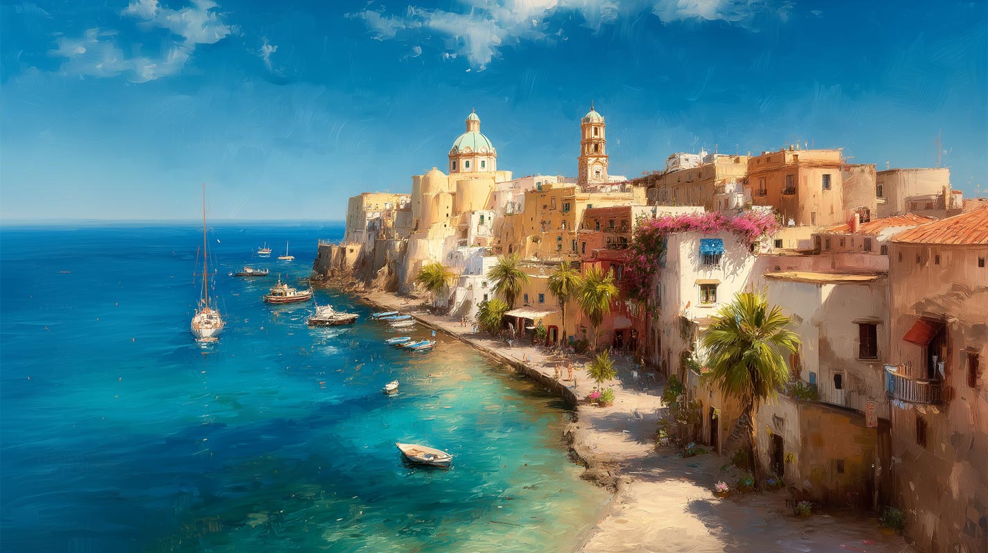 Sunlit Shores of Ischia – Panoramic Giclée on Canvas