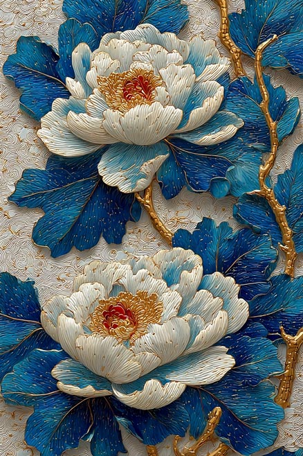 Élégance des Pivoines Bleu Royal – Giclée Floral Moderne sur Toile | Art Botanique Mural