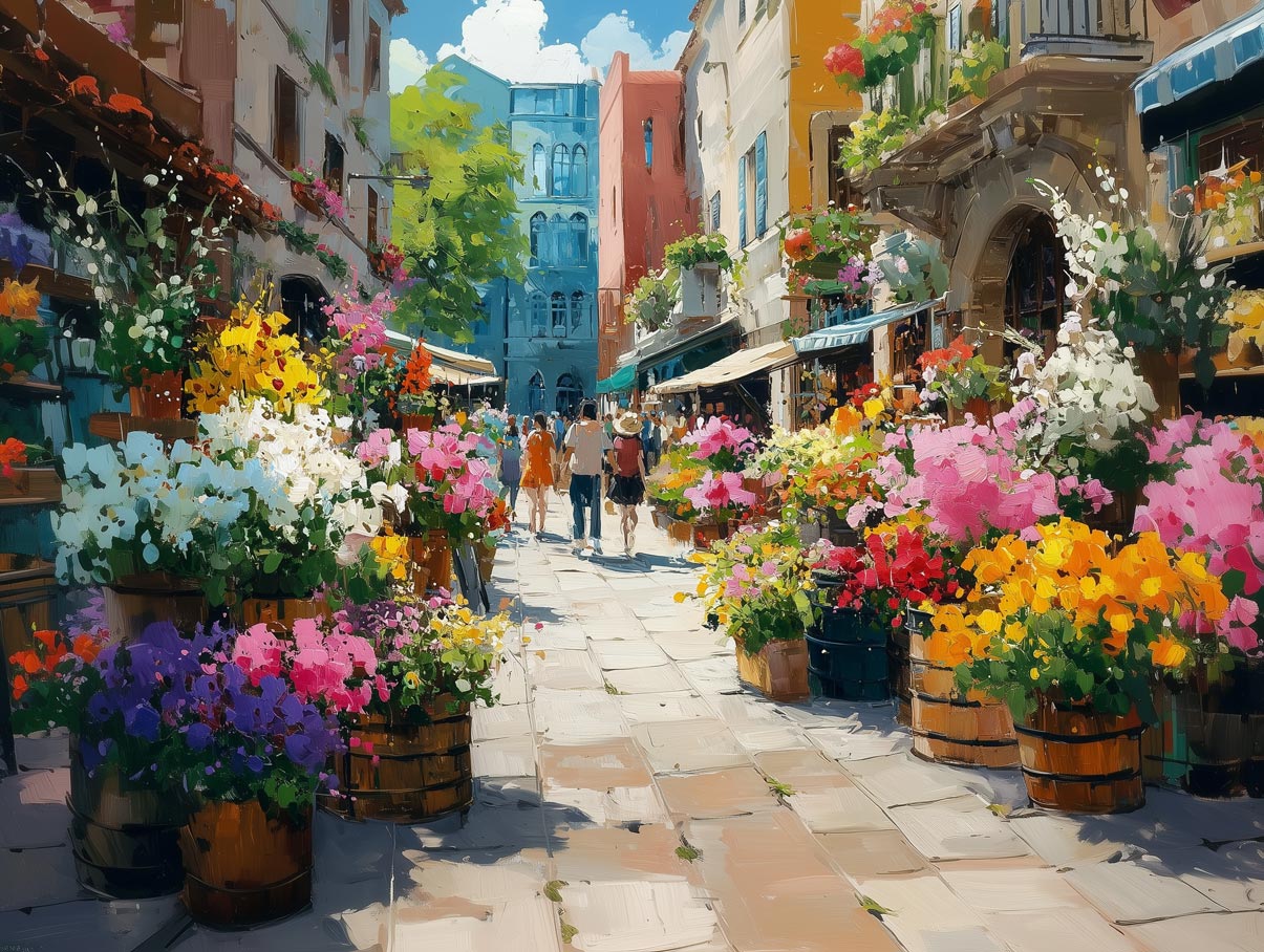 Blumenmarkt-Straße – Farbenfrohe Giclée-Leinwand Blumenmarkt-Straße – Farbenfrohe Giclée-Leinwand