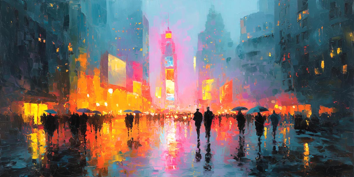 Neon Rain – Panoramic Giclée Canvas Print